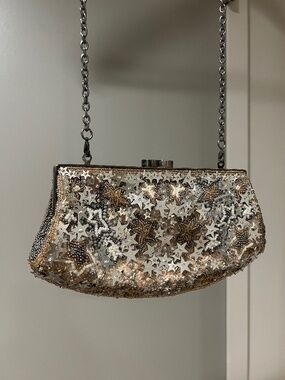 Nordstrom Star Sequin and Beaded Clutch with Silver Removable Chain